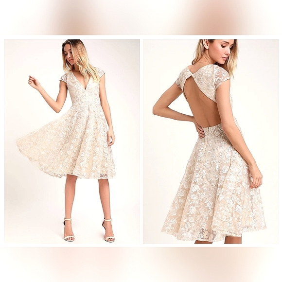 Lulus Dresses & Skirts - NWT 🎀 Lulu's Jacquelin Champagne Floral Embroidered Backless Midi Dress